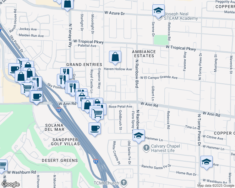 map of restaurants, bars, coffee shops, grocery stores, and more near 5634 Bishop Flowers Street in Las Vegas