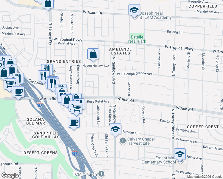 map of restaurants, bars, coffee shops, grocery stores, and more near 6735 Scarlet Star Avenue in Las Vegas