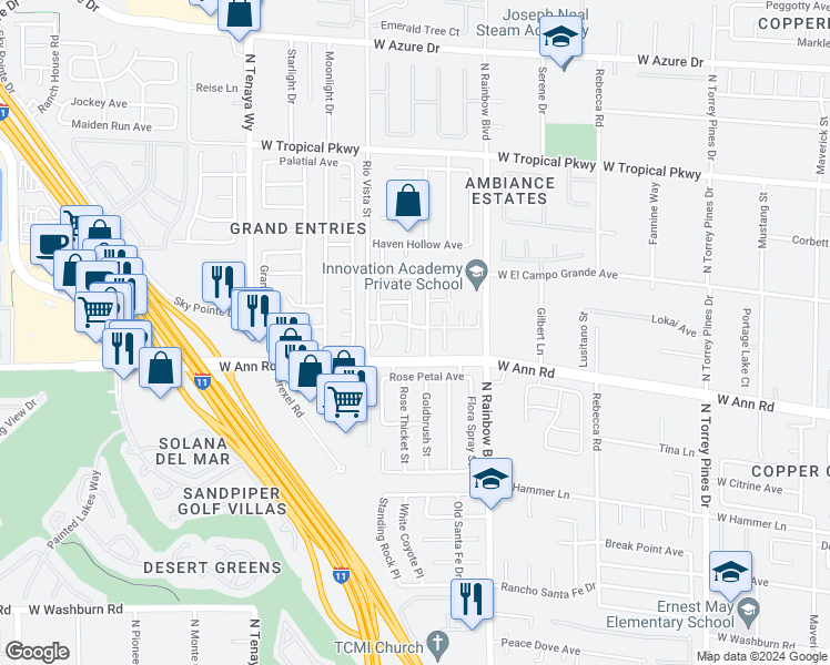 map of restaurants, bars, coffee shops, grocery stores, and more near 5634 Bishop Flowers Street in Las Vegas