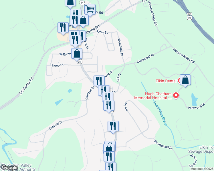 map of restaurants, bars, coffee shops, grocery stores, and more near 102 Auburn Avenue in Elkin