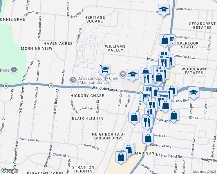map of restaurants, bars, coffee shops, grocery stores, and more near 414 Tennessee 45 in Nashville