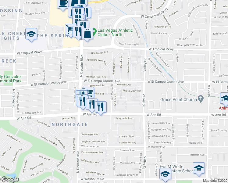 map of restaurants, bars, coffee shops, grocery stores, and more near 5716 Bullhead Street in North Las Vegas