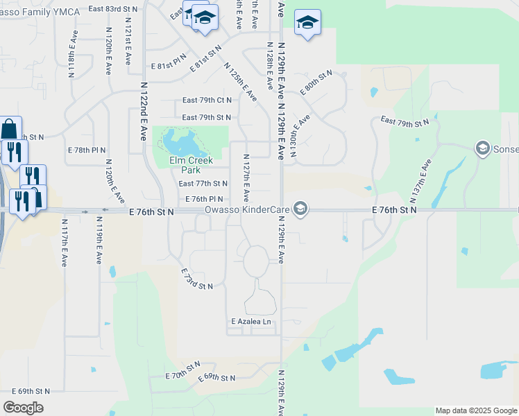 map of restaurants, bars, coffee shops, grocery stores, and more near 7601 North 127th East Avenue in Owasso