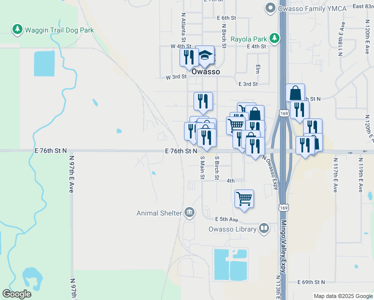 map of restaurants, bars, coffee shops, grocery stores, and more near 109 West 2nd Avenue in Owasso