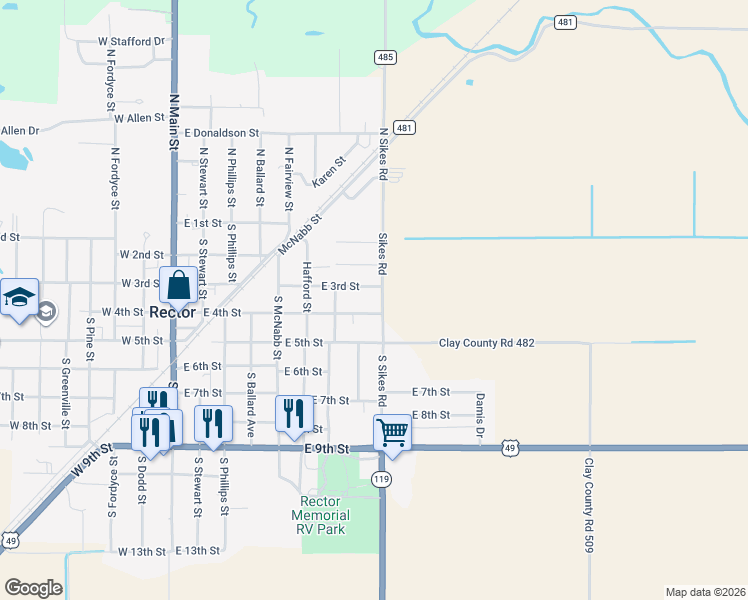 map of restaurants, bars, coffee shops, grocery stores, and more near 739 East 4th Street in Rector