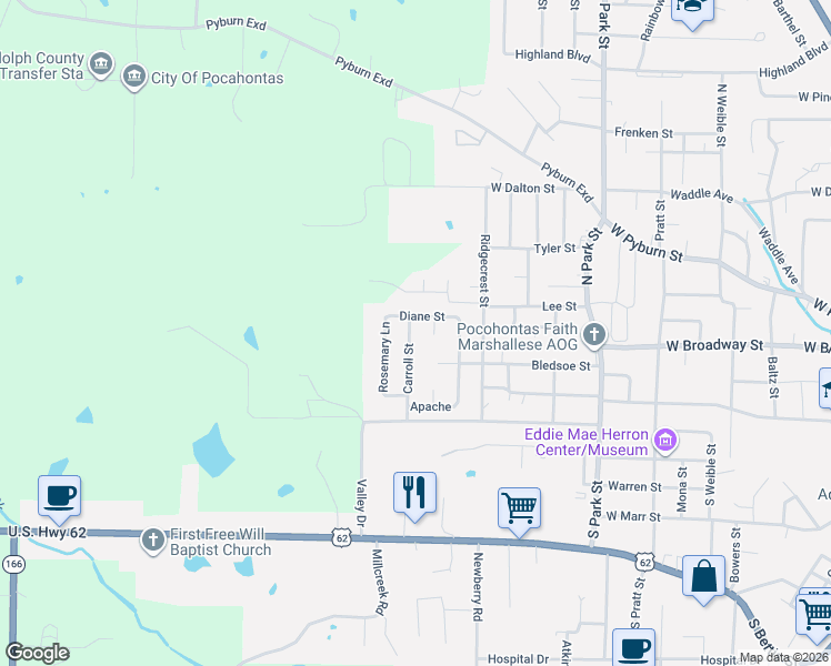 map of restaurants, bars, coffee shops, grocery stores, and more near 705 Carroll Street in Pocahontas
