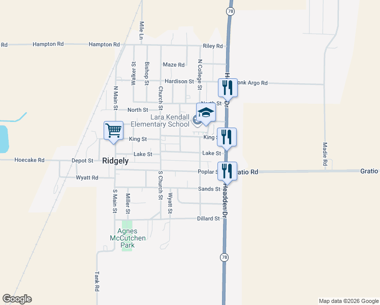 map of restaurants, bars, coffee shops, grocery stores, and more near 521 Lake Street in Ridgely