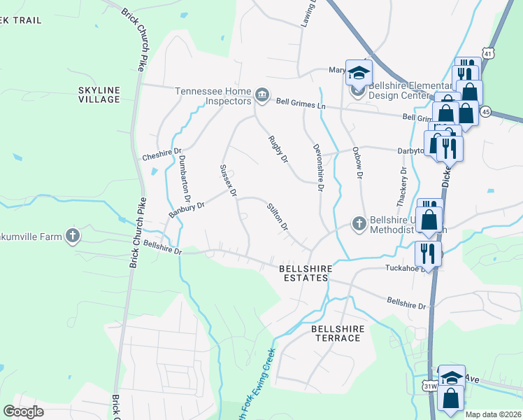 map of restaurants, bars, coffee shops, grocery stores, and more near 3921 Sussex Drive in Nashville