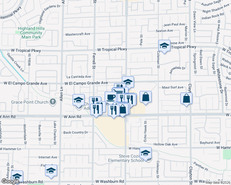 map of restaurants, bars, coffee shops, grocery stores, and more near 5720 Carmel Sand Street in North Las Vegas