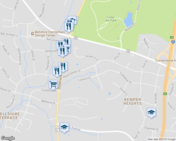 map of restaurants, bars, coffee shops, grocery stores, and more near 1009 Westchester Drive in Nashville