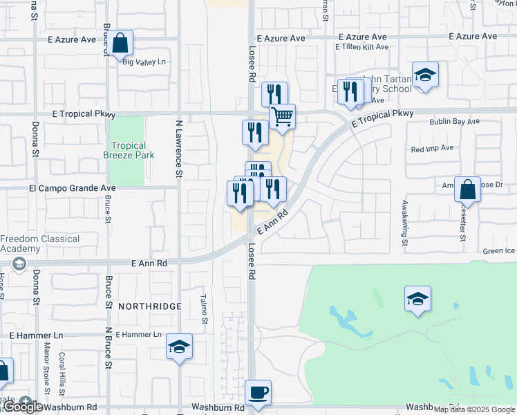 map of restaurants, bars, coffee shops, grocery stores, and more near 5720 Losee Road in North Las Vegas