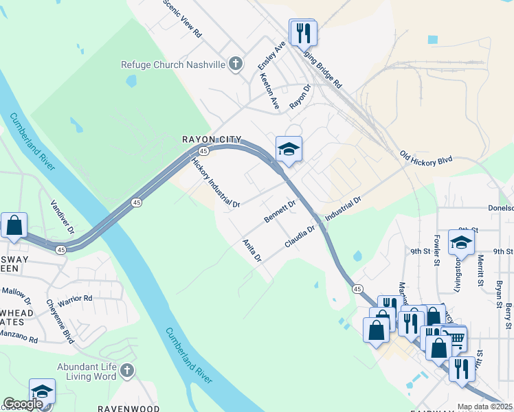 map of restaurants, bars, coffee shops, grocery stores, and more near 814 Bettie Drive in Nashville