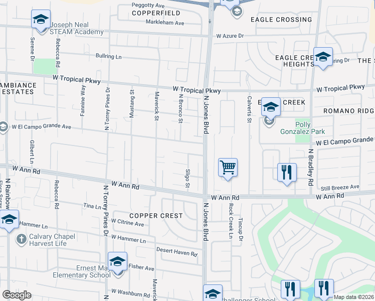 map of restaurants, bars, coffee shops, grocery stores, and more near 6100 Ridgecarn Avenue in Las Vegas