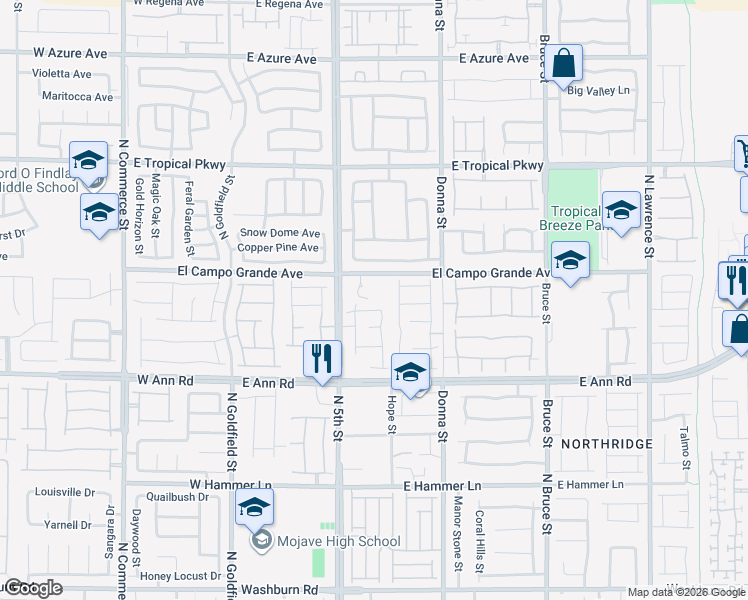 map of restaurants, bars, coffee shops, grocery stores, and more near 555 El Campo Grande Avenue in North Las Vegas