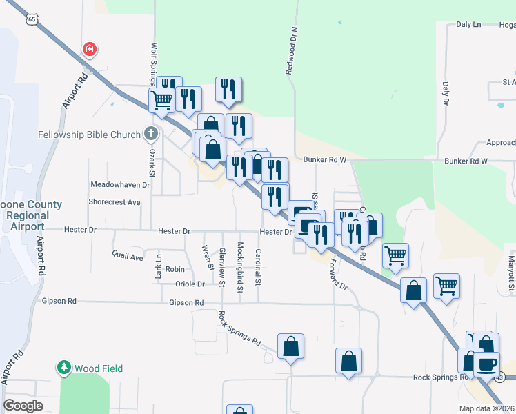 map of restaurants, bars, coffee shops, grocery stores, and more near 1412 U.S. 62 in Harrison