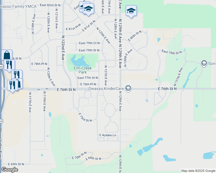 map of restaurants, bars, coffee shops, grocery stores, and more near 7601 North 127th East Avenue in Owasso
