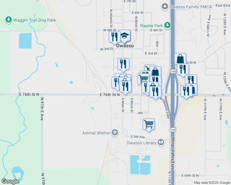 map of restaurants, bars, coffee shops, grocery stores, and more near 109 West 2nd Avenue in Owasso