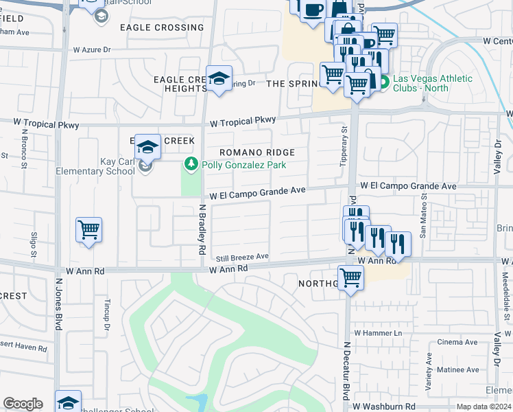 map of restaurants, bars, coffee shops, grocery stores, and more near 5121 Backwoodsman Avenue in Las Vegas