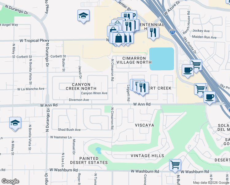 map of restaurants, bars, coffee shops, grocery stores, and more near 5613 Burdel Street in Las Vegas