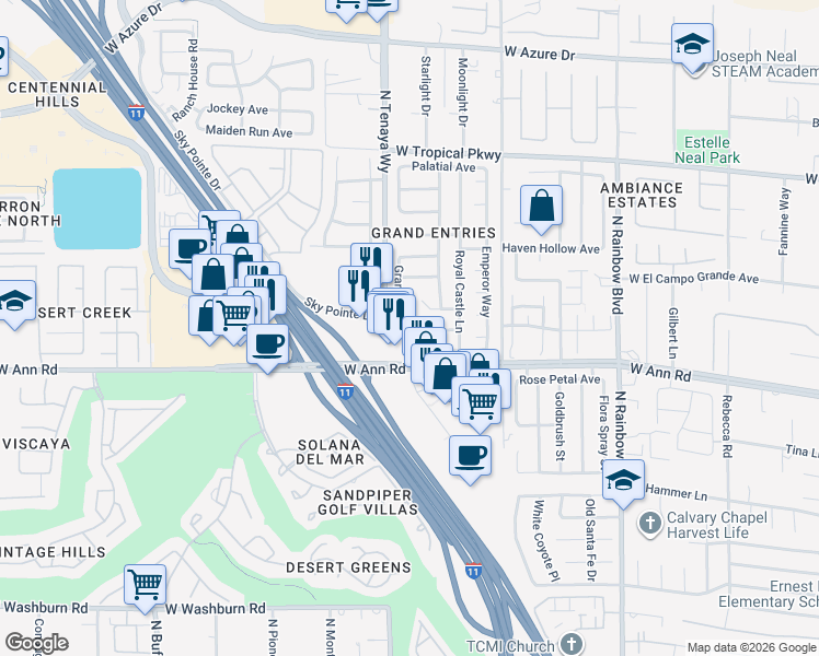 map of restaurants, bars, coffee shops, grocery stores, and more near 5601-A1 North Tenaya Way in Las Vegas