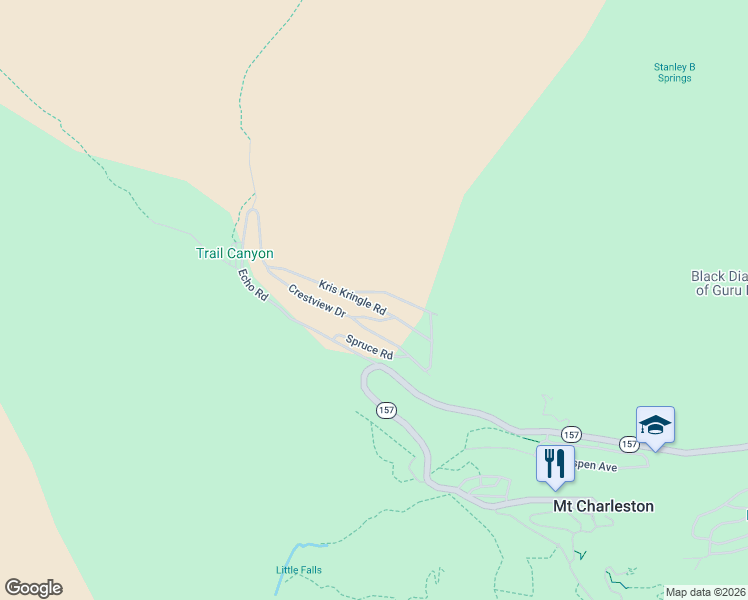 map of restaurants, bars, coffee shops, grocery stores, and more near 321 Kris Kringle Road in Mount Charleston