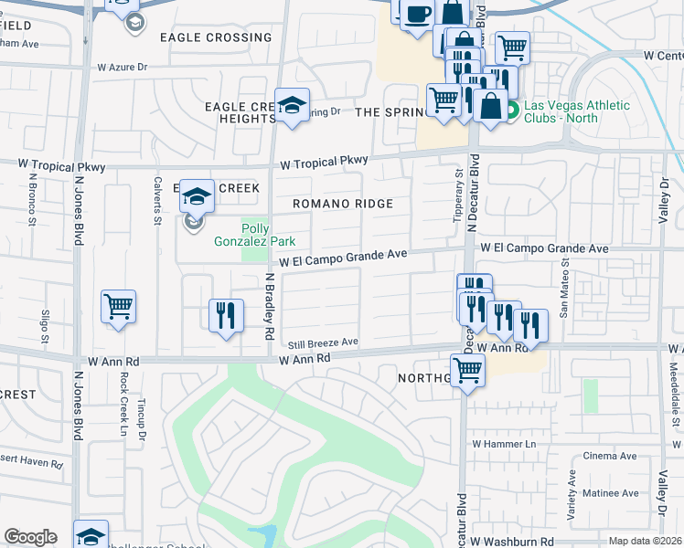 map of restaurants, bars, coffee shops, grocery stores, and more near 5121 Backwoodsman Avenue in Las Vegas