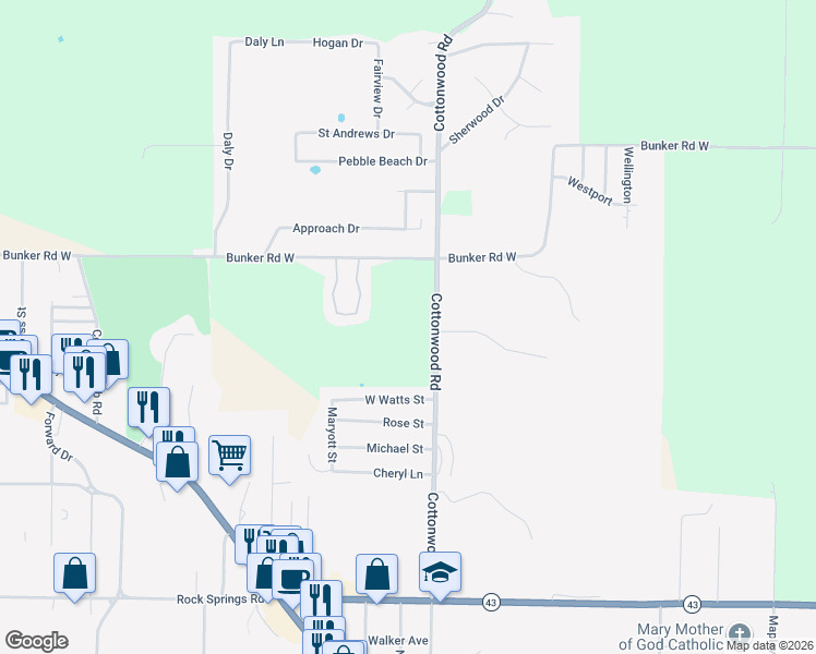 map of restaurants, bars, coffee shops, grocery stores, and more near 1424 Cottonwood Road in Harrison