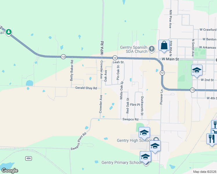 map of restaurants, bars, coffee shops, grocery stores, and more near 457 White Oak Street in Gentry
