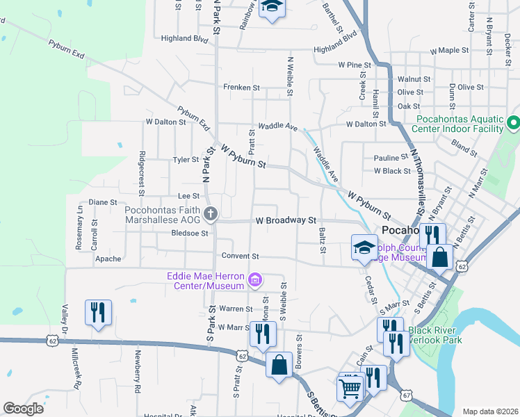 map of restaurants, bars, coffee shops, grocery stores, and more near 1706 West Broadway Street in Pocahontas
