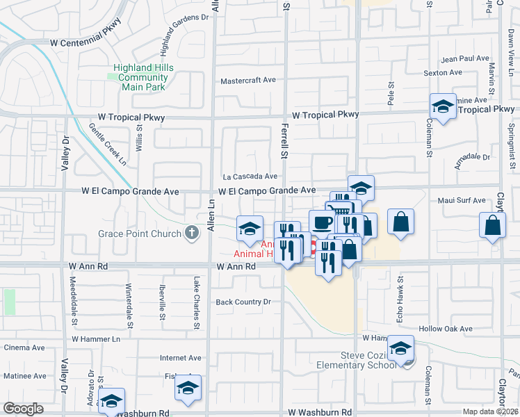 map of restaurants, bars, coffee shops, grocery stores, and more near 3412 Sunrise Rose Avenue in North Las Vegas
