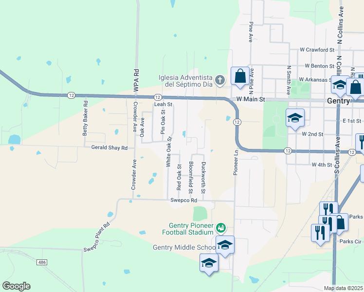 map of restaurants, bars, coffee shops, grocery stores, and more near 1299 West Main Street in Gentry