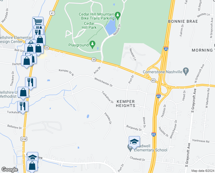 map of restaurants, bars, coffee shops, grocery stores, and more near 801 Westchester Drive in Nashville