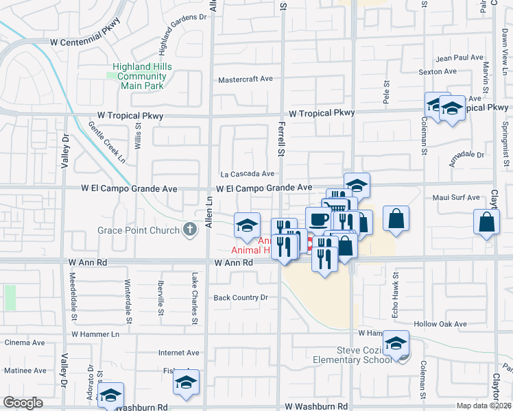 map of restaurants, bars, coffee shops, grocery stores, and more near 3412 Sunrise Rose Avenue in North Las Vegas