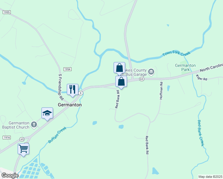 map of restaurants, bars, coffee shops, grocery stores, and more near 1054 Red Bank Road in Germanton