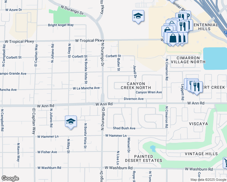 map of restaurants, bars, coffee shops, grocery stores, and more near 5605 Great Gorge Court in Las Vegas