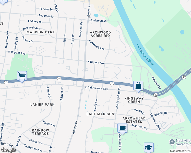 map of restaurants, bars, coffee shops, grocery stores, and more near 108 Larchmont Drive in Nashville