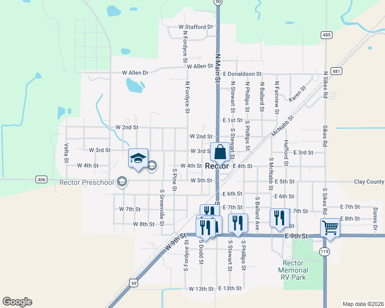 map of restaurants, bars, coffee shops, grocery stores, and more near 302 West 4th Street in Rector