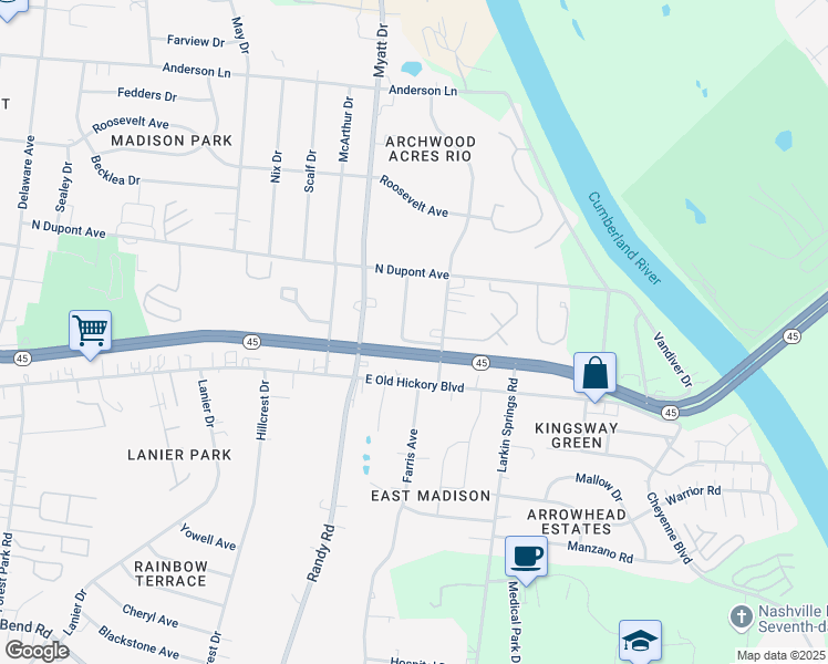 map of restaurants, bars, coffee shops, grocery stores, and more near 108 Larchmont Drive in Nashville