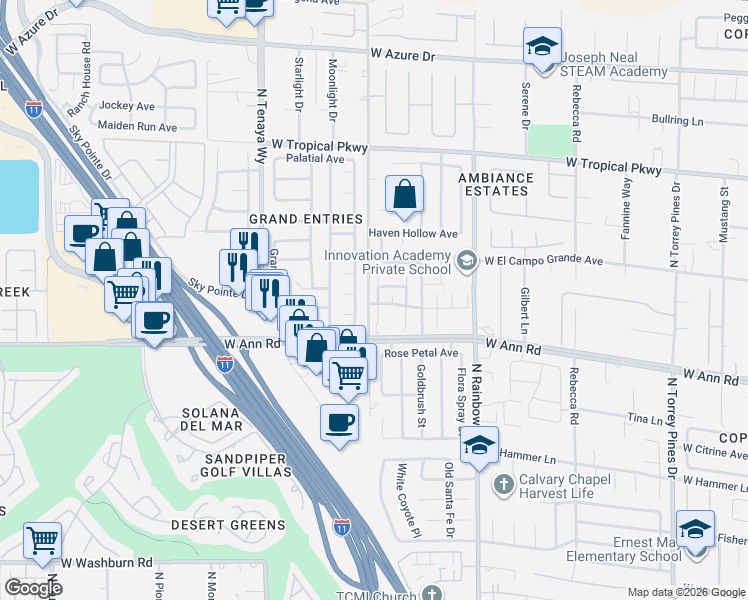 map of restaurants, bars, coffee shops, grocery stores, and more near 5663 Foxglove Fields Street in Las Vegas