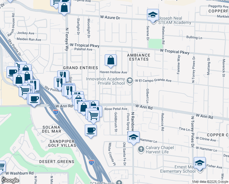 map of restaurants, bars, coffee shops, grocery stores, and more near 5629 North Balsam Street in Las Vegas