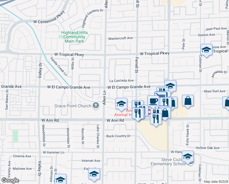 map of restaurants, bars, coffee shops, grocery stores, and more near 5735 North Sanibel Bay Street in North Las Vegas