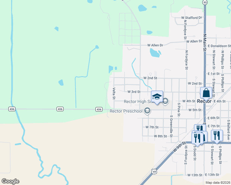 map of restaurants, bars, coffee shops, grocery stores, and more near 1108 West 4th Street in Rector