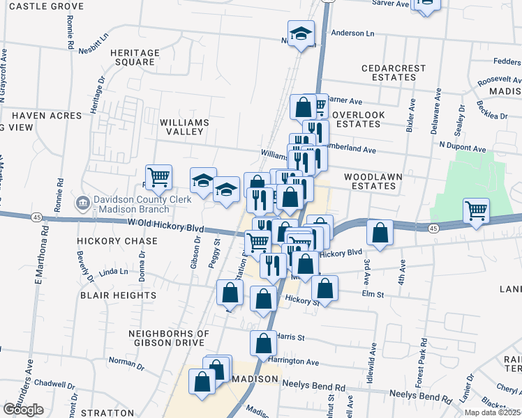 map of restaurants, bars, coffee shops, grocery stores, and more near 109 Gallatin Pike North in Nashville