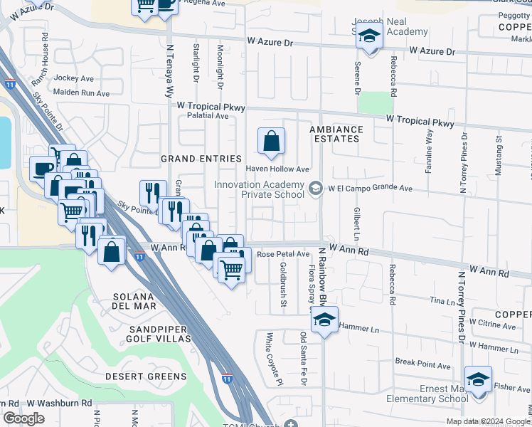 map of restaurants, bars, coffee shops, grocery stores, and more near 5670 Primrose Peak Court in Las Vegas