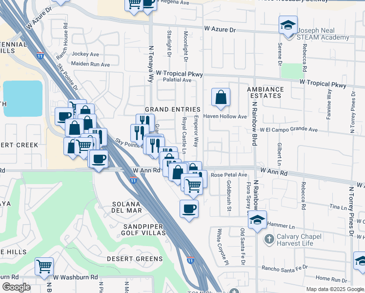map of restaurants, bars, coffee shops, grocery stores, and more near 7101 Utopia Way in Las Vegas