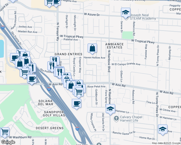 map of restaurants, bars, coffee shops, grocery stores, and more near 5670 Primrose Peak Court in Las Vegas