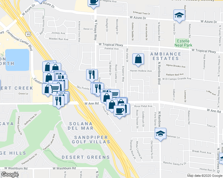 map of restaurants, bars, coffee shops, grocery stores, and more near 7117 Grand Castle Way in Las Vegas