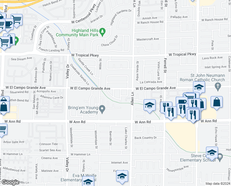 map of restaurants, bars, coffee shops, grocery stores, and more near 5736 Dawson Creek Street in North Las Vegas
