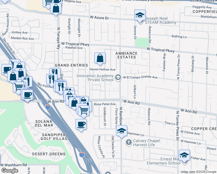 map of restaurants, bars, coffee shops, grocery stores, and more near 5677 African Lilly Court in Las Vegas