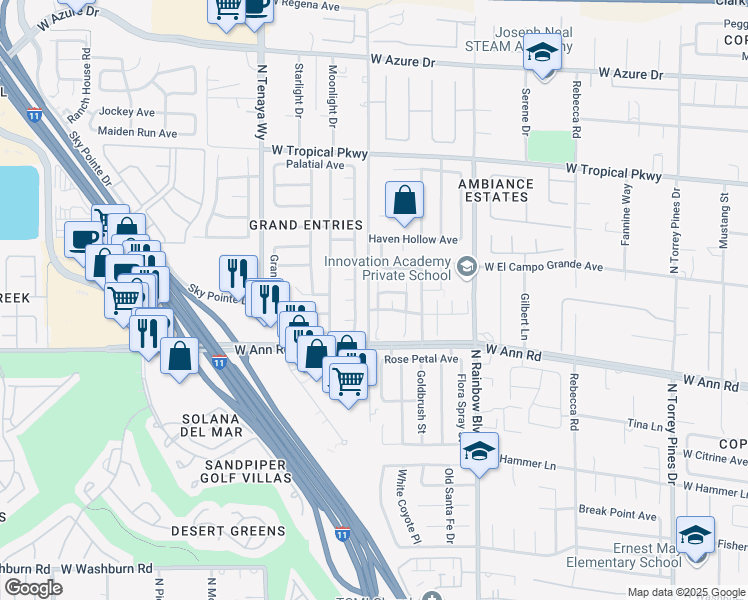 map of restaurants, bars, coffee shops, grocery stores, and more near 5671 Foxglove Fields Street in Las Vegas